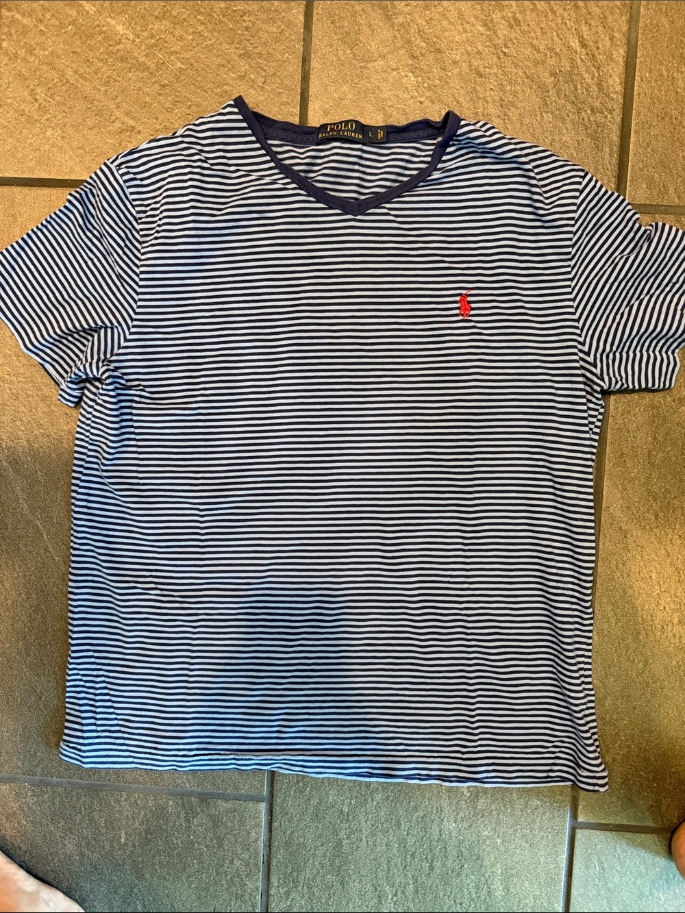 Polo by Ralph Lauren  Navy & White Striped V-Neck Tee with Red Pony